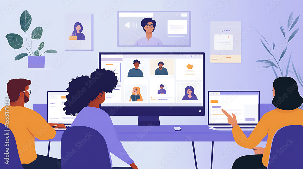 Remote workers collaborating through a shared workspace app on their screens Remote workers collaborating through a shared workspace app on their screens