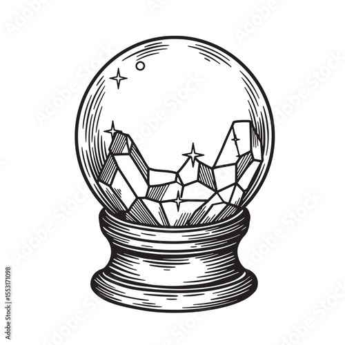 Elegant vintage art silhouette of a crystal ball depicting a mountainous landscape with sparkling stars