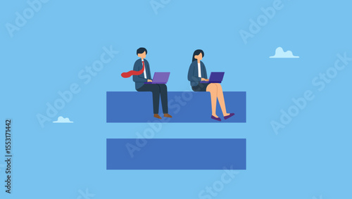 Vector illustration of businessman and businesswoman working on laptop sitting over the equal sign. Gender equality, equal women and men at the office workplace, work or social rights issue concept.