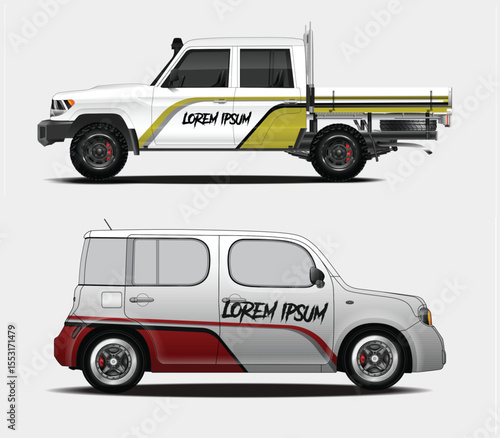 Two Vehicle Designs A White Truck and a Silver Hatchback with Graphics