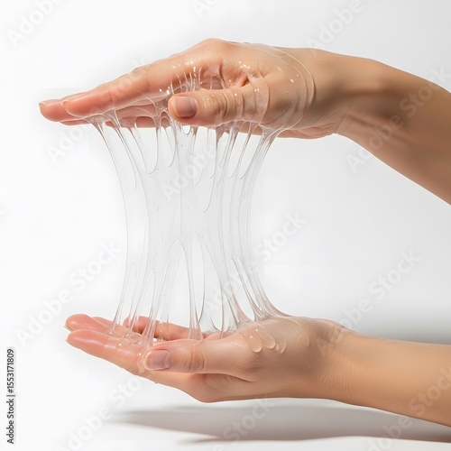 Transparent goo flowing between two fair skinned hands against a white background, Aesthetic viscous liquid demonstration with skin texture, light and shadow