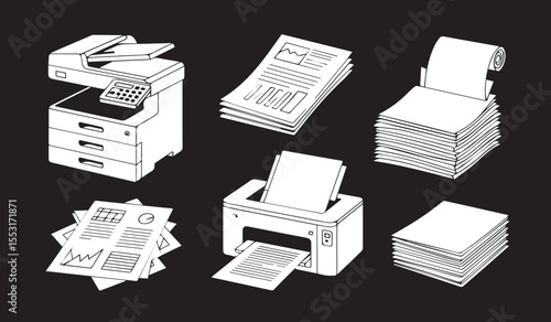 Printer and paper icons: essential office equipment for printing, copying, and document management solutions.

