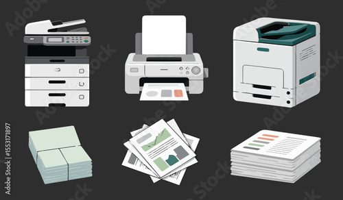 Printer and paper icons: essential office equipment for printing, copying, and document management solutions.

