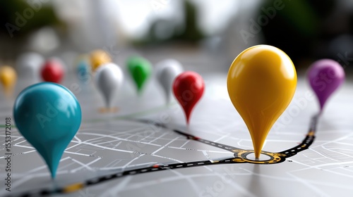 3D city map with delivery route, GPS pin marker, and navigation lines, modern vector design with bright and colorful palette