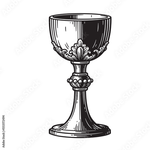 Intricately detailed vintage art silhouette of an elegant chalice in a classic engraving style