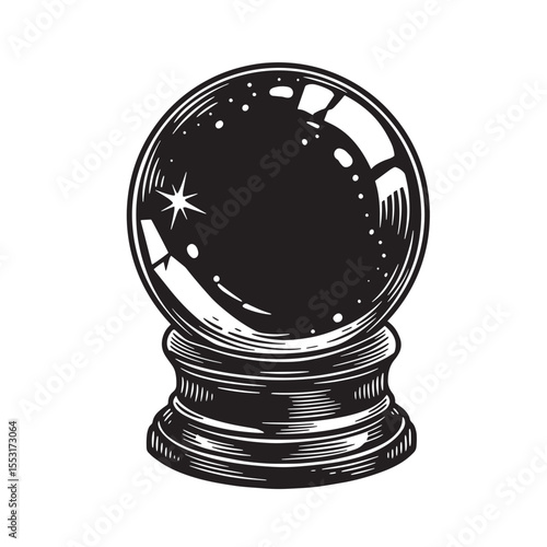 Vintage art silhouette of a crystal ball depicting fortune telling, magic, and mystic prophecy in black and white