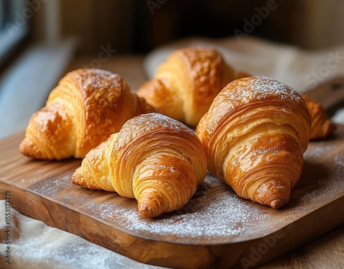 Wallpaper Mural Freshly baked golden brown croissants dusted with powdered sugar on a wooden cutting board near a window with soft natural light Torontodigital.ca