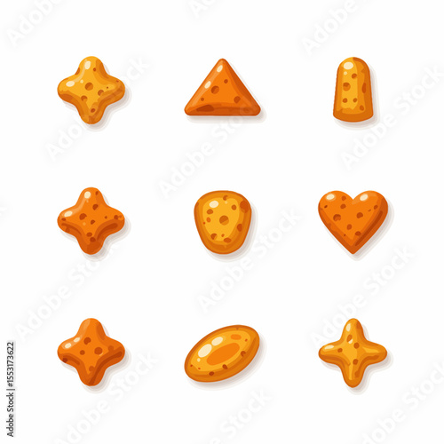Orange snack shapes in various designs on white background  