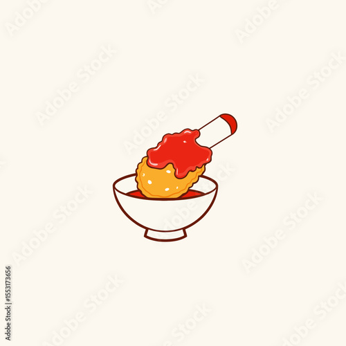 Fried chicken drumstick dipped in red sauce in white bowl  