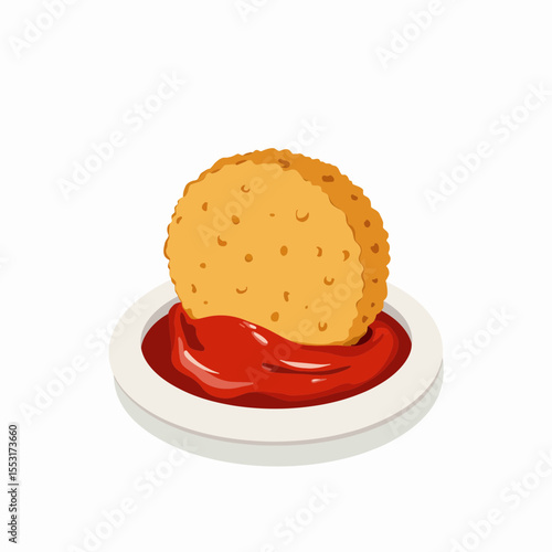Crispy cookie dipped in red ketchup sauce on white plate  