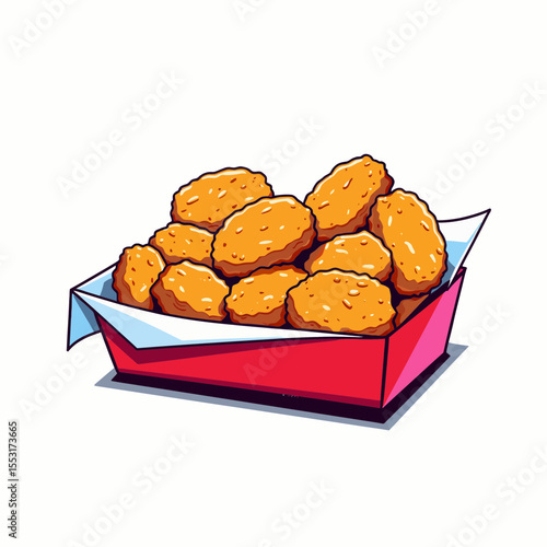 Box of golden chicken nuggets served in red carton  