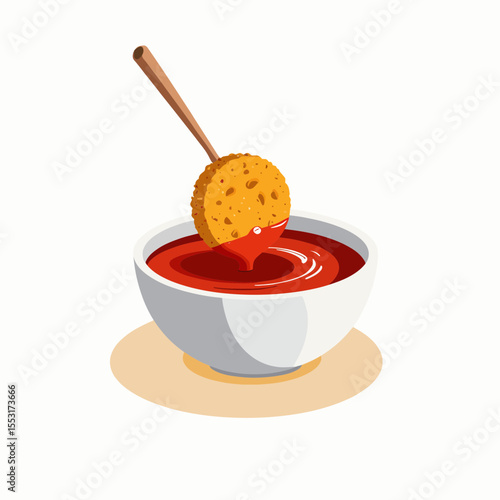 Bowl of red sauce with cookie being dipped by wooden spoon  