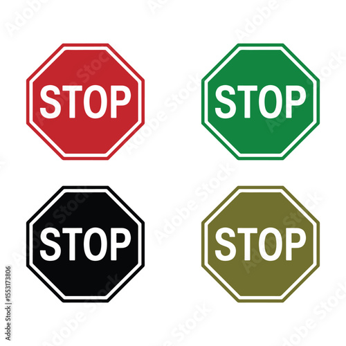 Four Stop Signs in Red Green Black and Olive Colors
