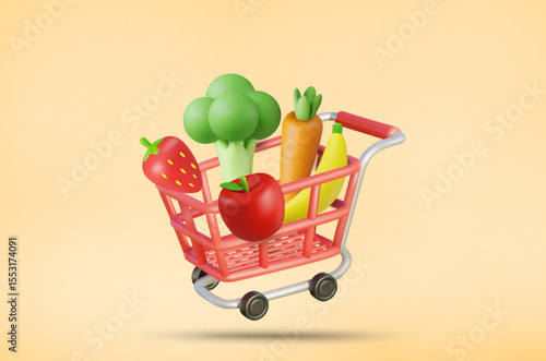 3D illustration vector render of red shopping cart with assorted vegetables and fruits, broccoli, carrots, apples and strawberries. Organic shopping concept in supermarket or online shopping.
