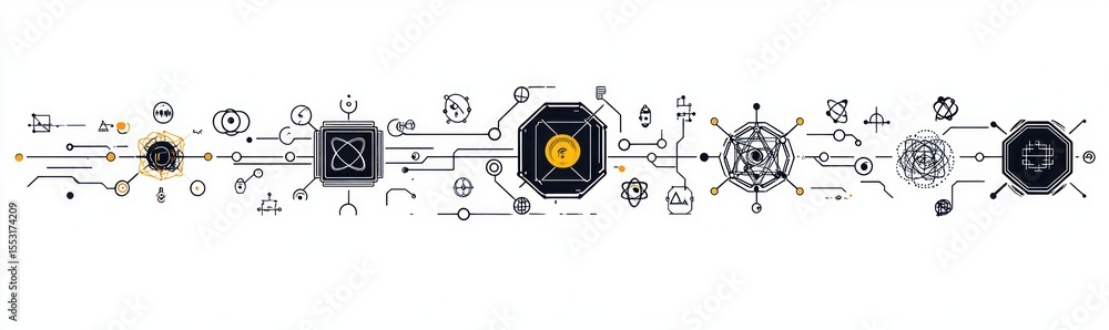 Abstract digital network illustration with interconnected nodes, circuits, geometric shapes, and technology-inspired symbols in black and orange on a white background Abstract digital network illustration with interconnected nodes, circuits, geometric shapes, and technology-inspired symbols in black and orange on a white background