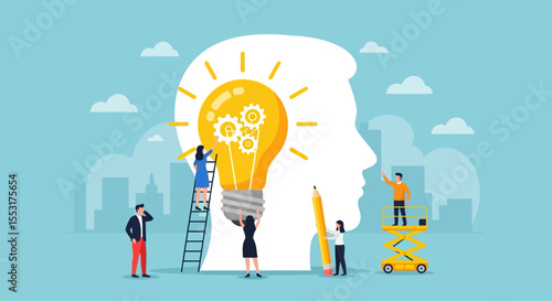 Creative Idea Lightbulb with Gears Inside Head Silhouette Illustration