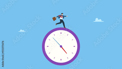 Hurry businessman run fast on time run out clock. Symbolizes time run out, hurry to go to the office late, deadline, urgency or determination to finish work fast, stress or anxiety to complete work.