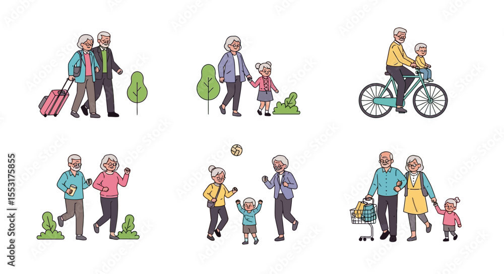 Diverse Active Senior Lifestyle Illustrations: Travel, Exercise, Family Time Diverse Active Senior Lifestyle Illustrations: Travel, Exercise, Family Time