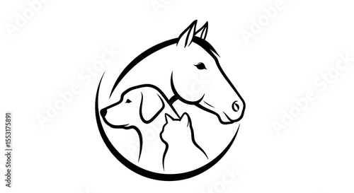 Elegant Black and White Line Art of a Horse, Dog, and Cat Heads in Oval Frame