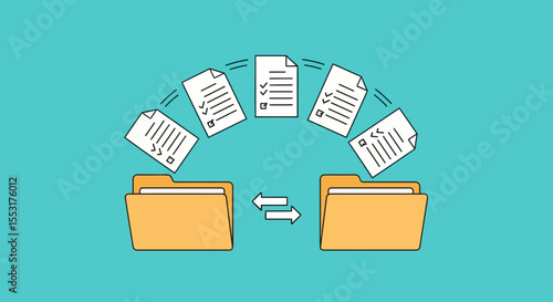 Data Transfer: Six Documents Moving Between Two Orange Folders