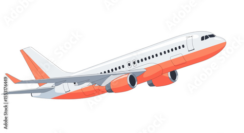 Flying Passenger Jet in Orange and White, in Flight
