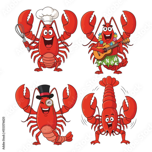 Cartoon lobster character set with different professions and costumes vector illustration
