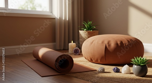 Peaceful meditation corner with yoga mat, meditation cushion, candles, crystals, small succulent plant, natural window light, zen atmosphere