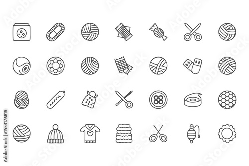 Knitting, Crocheting and Sewing Icon Set. Collection of Line Art Icons Including Yarn, Needles, Scissors, Sweaters, Buttons, and More  Elements Vector Illustration on White Background