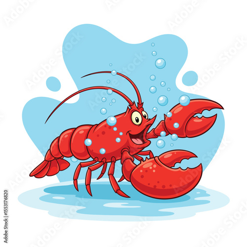 Cartoon red lobster character swimming underwater with a happy expression and bubbles