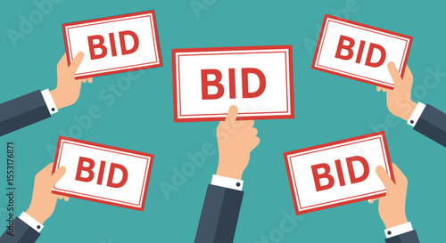 Multiple Hands Holding Rectangular Bid Cards in Auction