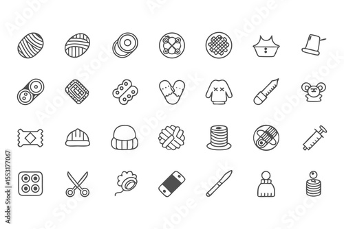 Knitting, Crocheting and Sewing Icon Set. Collection of Line Art Icons Including Yarn, Needles, Scissors, Sweaters, Buttons, and More  Elements Vector Illustration on White Background