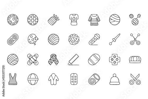 Knitting, Crocheting and Sewing Icon Set. Collection of Line Art Icons Including Yarn, Needles, Scissors, Sweaters, Buttons, and More  Elements Vector Illustration on White Background