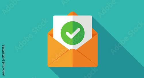 Orange Envelope with Green Checkmark Icon on White Paper