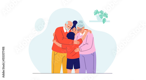 Grandparents and Grandchild in Warm Embrace, Affectionate Family Group Hug, Illustrated