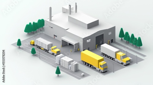 Industrial facility with delivery trucks.