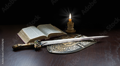 Tableau sur toile Book with sword and shield