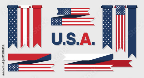 Patriotic USA Banner Set with American Flag Elements and "U.S.A." Text