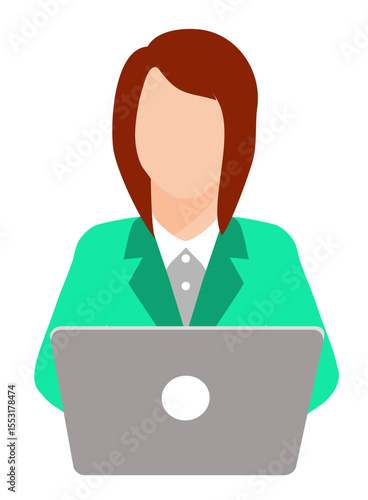 Faceless red haired girl on a laptop. The smart suit jacket suggests focus, intelligence, and confidence suitable for modern business, education, and remote work themes.