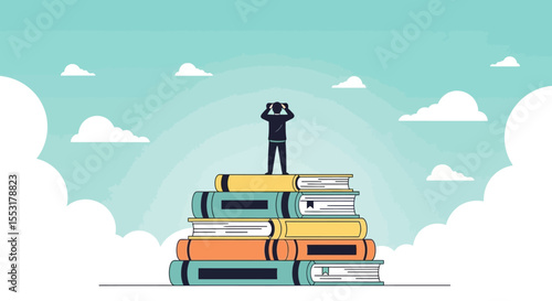 Silhouette Person Standing Atop Stack of Colorful Books, Looking Upward.