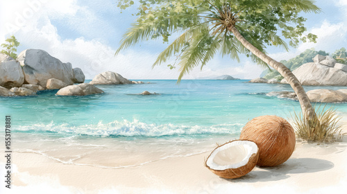 Wallpaper Mural Tropical beach with coconut and palm tree on sea paradise island. Travel poster, banner in realistic watercolor Torontodigital.ca