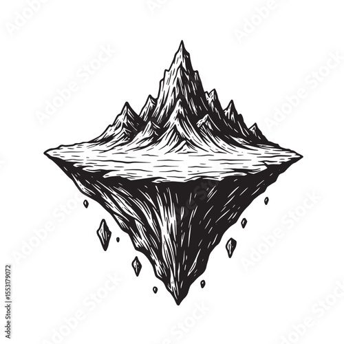 A striking vintage art silhouette showcases a floating island with majestic mountains and geometric falling stones in stark contrast.