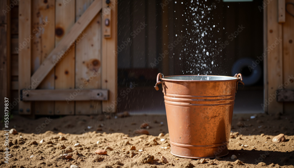 Obraz premium Copper bucket with water splashing outdoors near wooden barn 