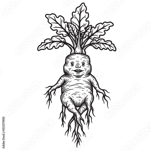 Adorable anthropomorphic mandrake plant with detailed leaves arms and roots presented in a vintage art silhouette design.