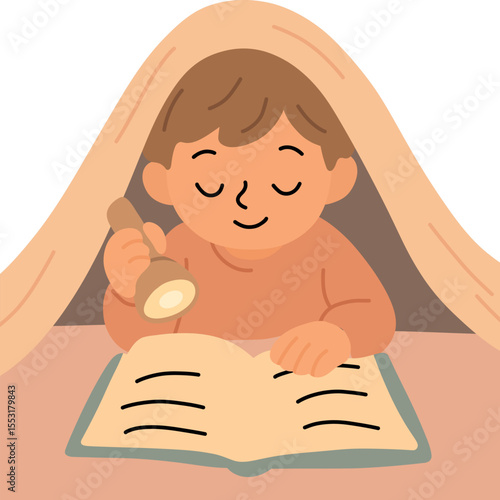 Child Reading with Flashlight Under Blanket