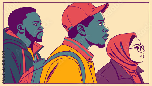 Cartoon illustration of a couple's faces, showcasing vintage fashion and the beauty of their love with artistic hair designs