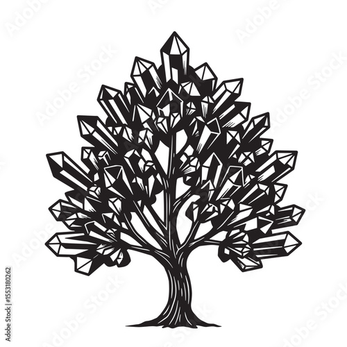 Beautiful vintage art silhouette depicting a tree whose foliage is formed by sparkling crystal minerals
