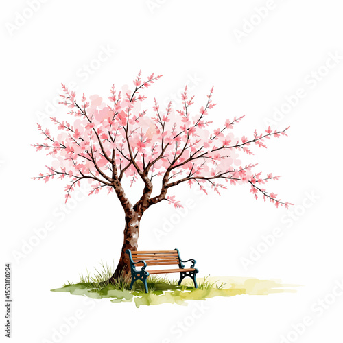 Pink cherry blossom tree next to a wooden bench on grass  