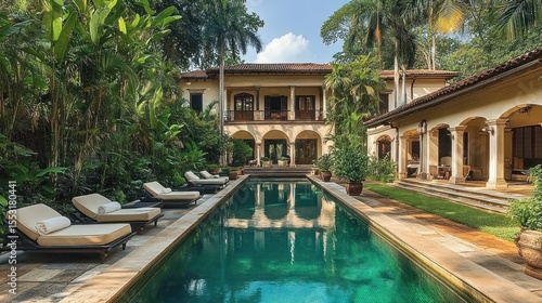 Wallpaper Mural Luxurious tropical villa with large swimming pool surrounded by sun loungers and lush greenery under a blue sky with white clouds Torontodigital.ca