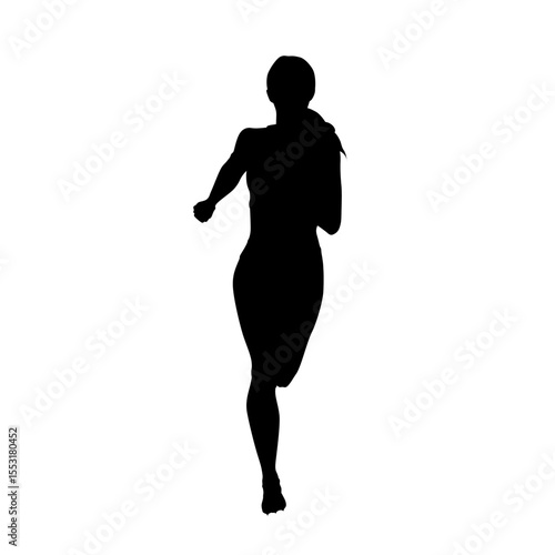 Run, running woman, front view, isolated vector silhouette