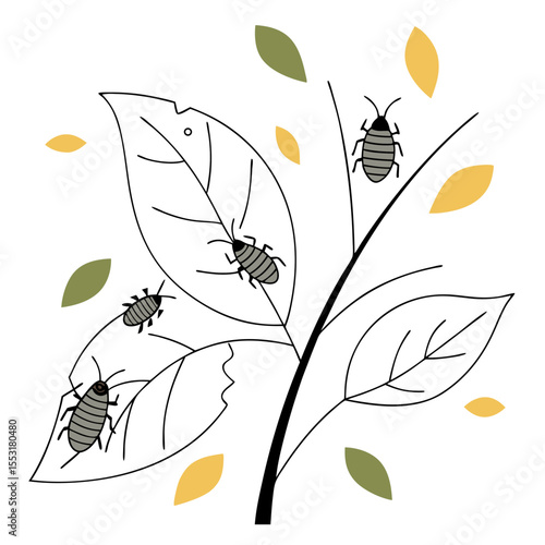 Illustration of aphid colony on green leaves with autumn accents  